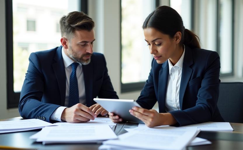 Legal professionals reviewing a detailed business contract