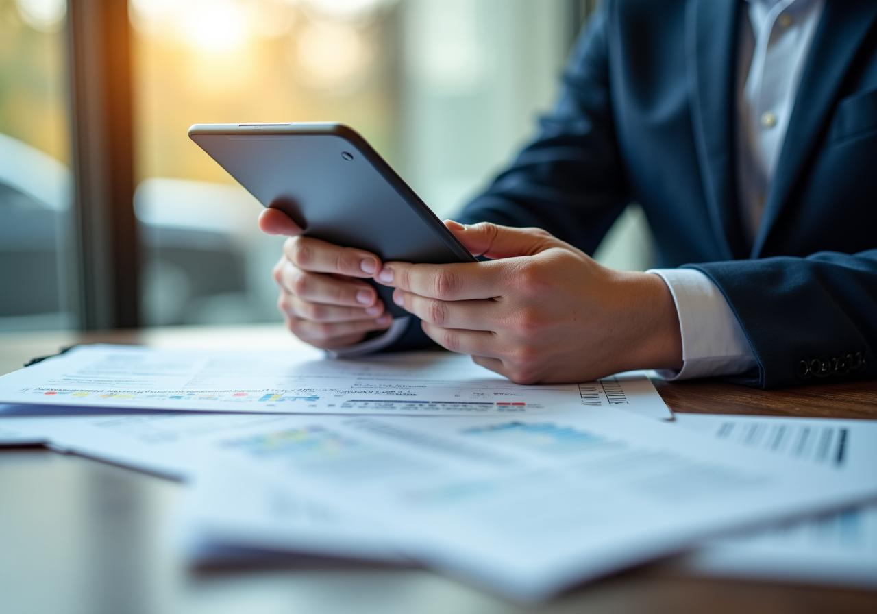 Close-up of a legal professional drafting a complex business agreement on a tablet and paper