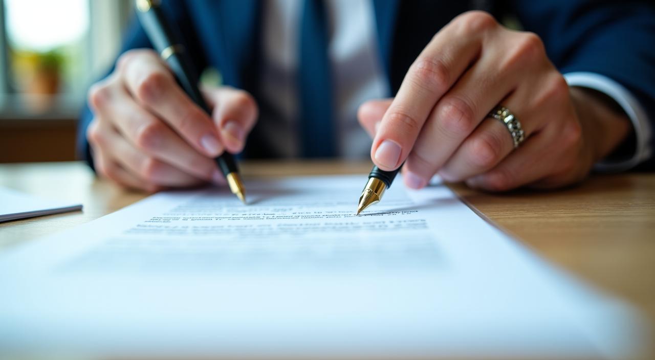 Close-up of a professional signing a clean legal document in a modern office